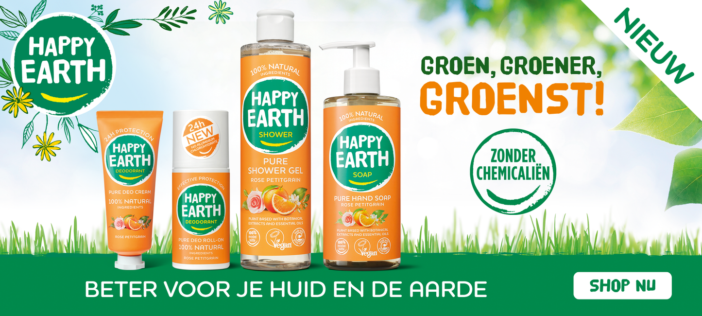 NIEUW: producten met de geur van Rose Petitgrain bij Happy Earth. Groen, groener groenst: beter voor jouw huid en voor de aarde