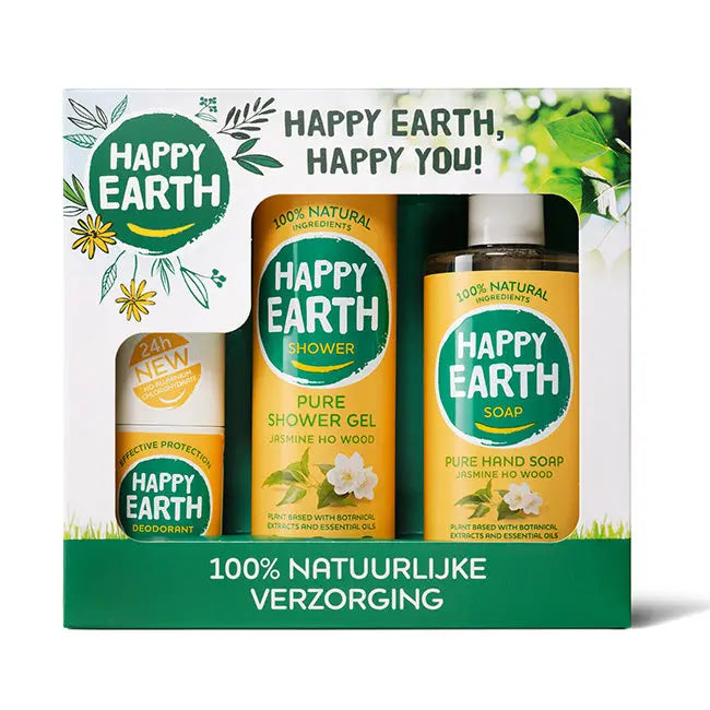 Giftset Jasmine Ho Wood Deo, Douchegel, Handzeep Happy Earth
