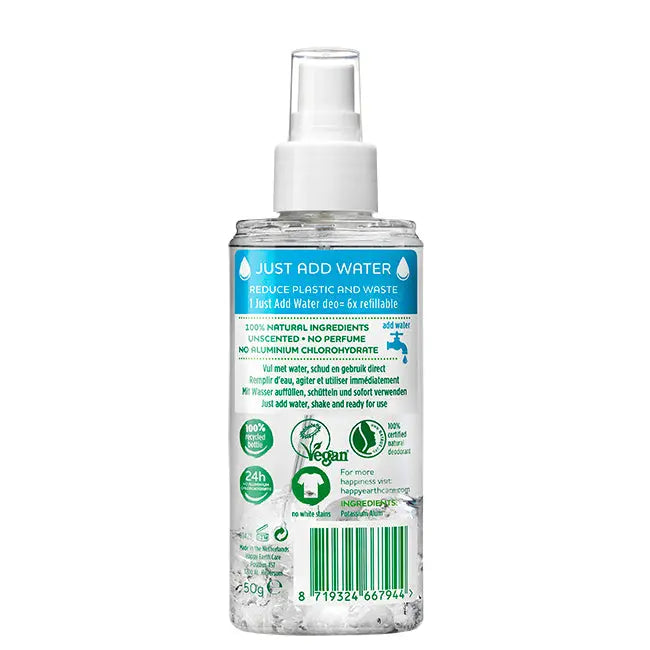 Happy Earth 100% Natural Deodorant Just-add-Water Unscented Spray 100ml Happy Earth
